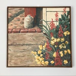 1982 Painting Signed Original Brick Path Doorstep Pottery Garden Acrylic VTG